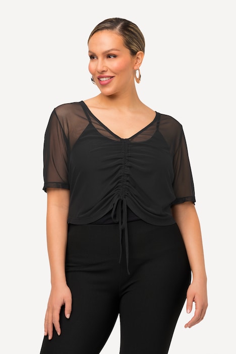 Mesh-Shirt, Slim, V-Ausschnitt, gekräuselter Halbarm