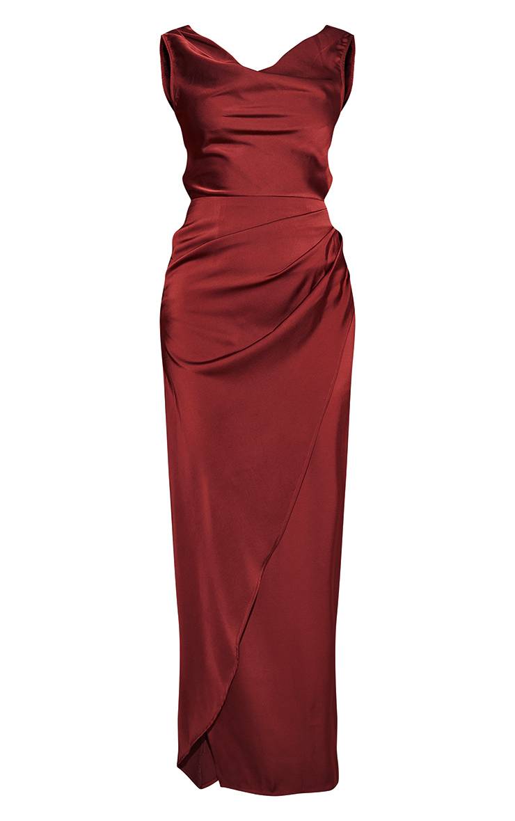Rouge Bordeaux Robe Longue Drapée En Satin À Col Bénitier