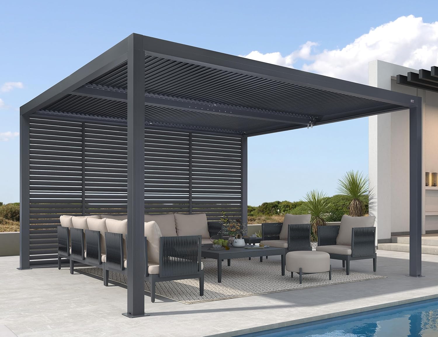 PURPLE LEAF Lamellenpergola 3.65 x 4.25 m mit Festen Lamellen Paneele Alu Pergola mit Verstellbarem Lamellendach Wasserdicht Stabil Winterfest Pavillon für Terrasse, 1 Lange Seite, Grau