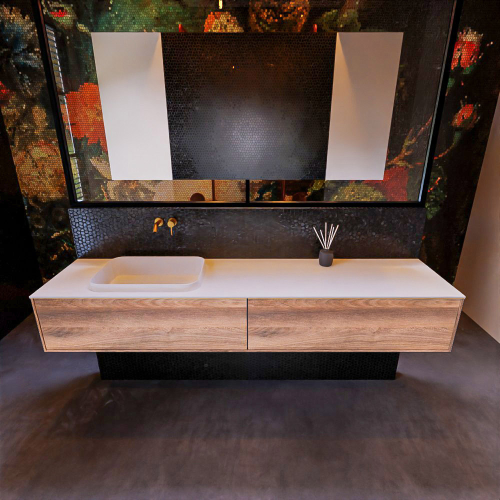 Mondiaz Erin 200cm badmeubel Dark Brown Grey met 2 lades en witte wastafel links zonder kraangaten