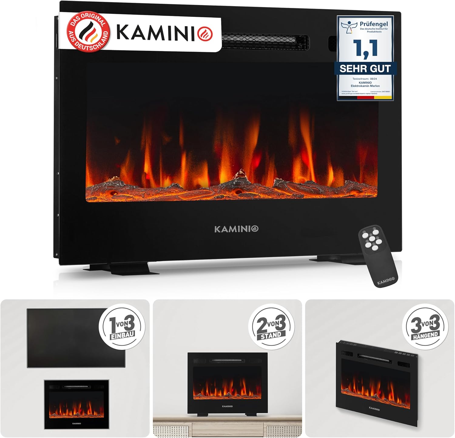 Elektrokamin Marlon - Elektrischer 3-in-1 Kamin mit Heizung, 3D-Flammeneffekt, 12 Flammenfarben, Fernbedienung (24 Zoll)