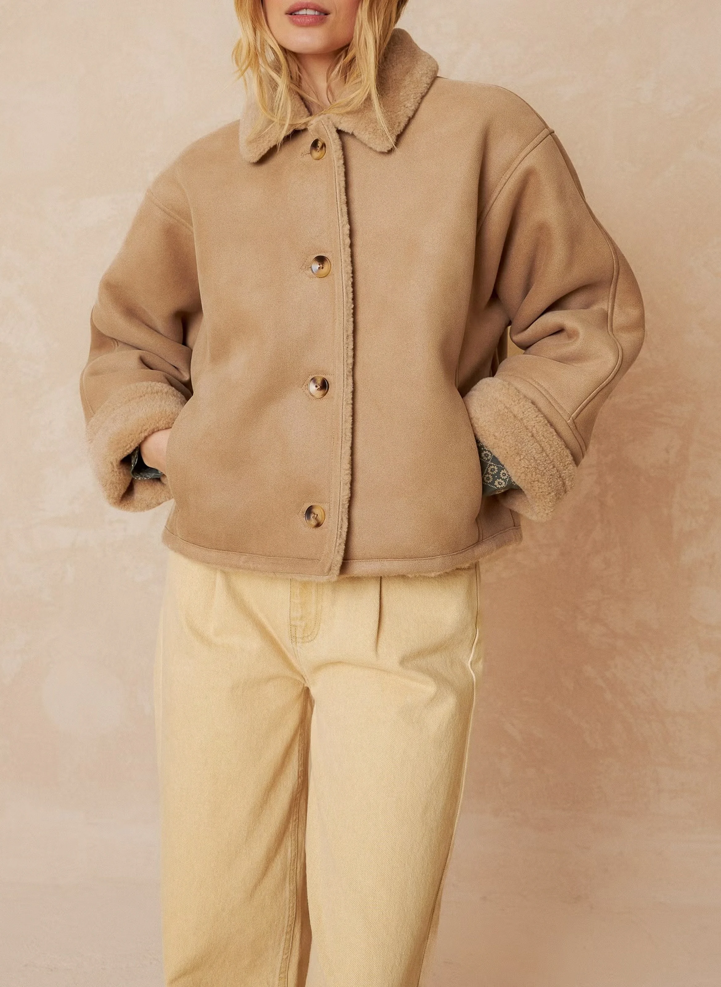 Manteau col classique effet fourrure| Beige