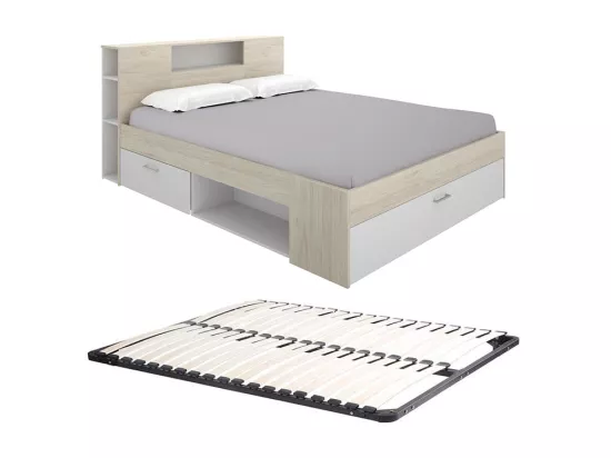 Lit avec tête de lit rangements et tiroir - 180 x 200 cm - Coloris : Naturel et blanc + Sommier - LEANDRE