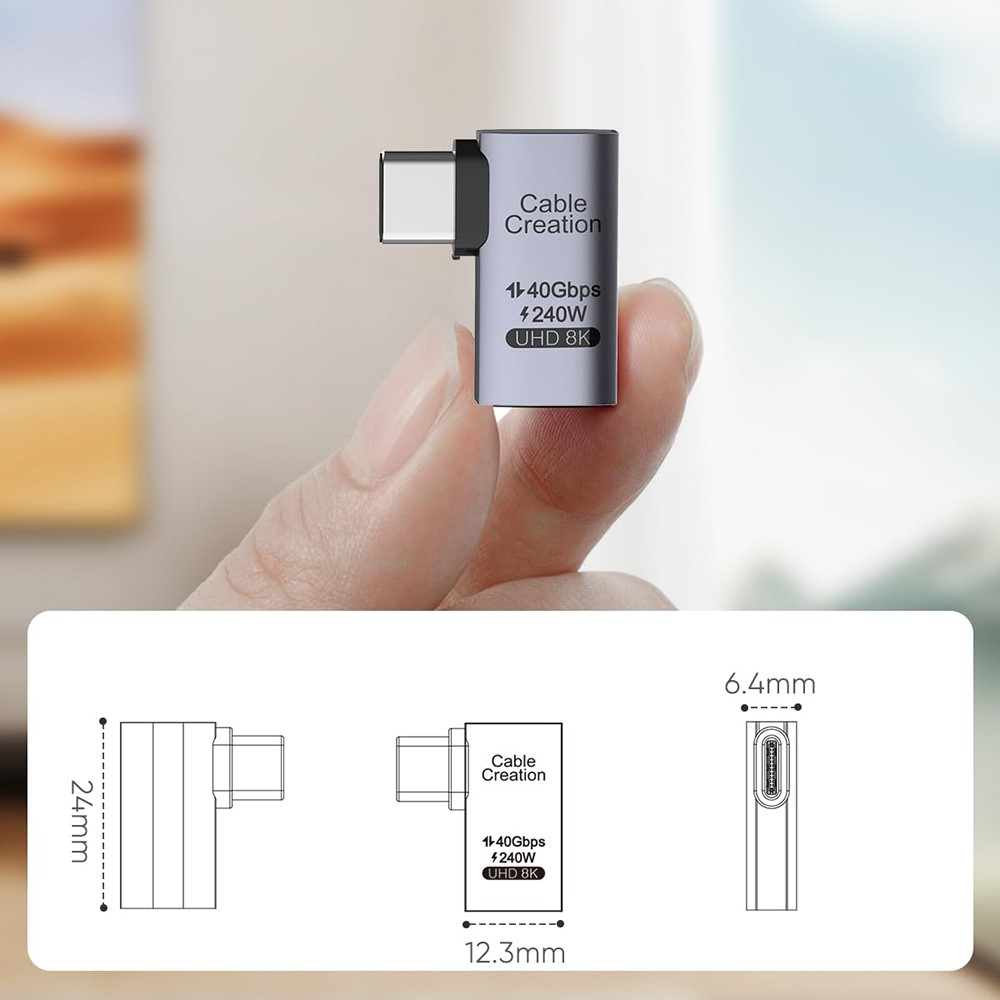(240W) USB C (m) auf USB C (w) Daten und Schnelllade-Elbow-Adapter Stecker 90 Grad-Winkel Links 40 Gbit/s (8K@60Hz) - Grau