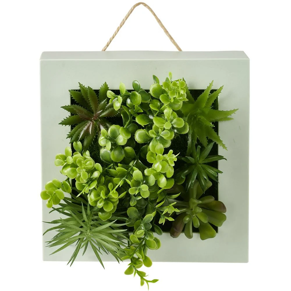 Plante artificielle dans cadre à suspendre vert ou orange 20x20cm
