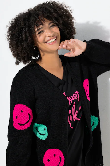 Strickjacke, Straight Fit, Smiley-Muster, schwarz