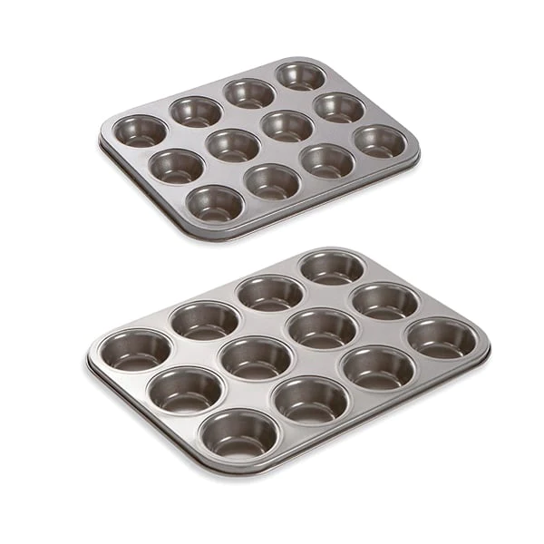 Lot 2 plaques 12 muffins et 12 mini-muffins acier revêtement antiadhér