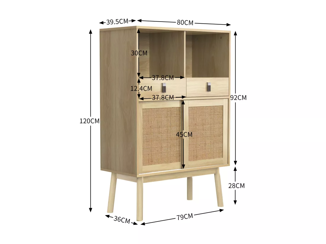 Buffet de cuisine avec 2 tiroirs et 2 portes coulissantes en rotin - 80 x 39,5 x 120 cm - Panneau de particules - Coloris bois