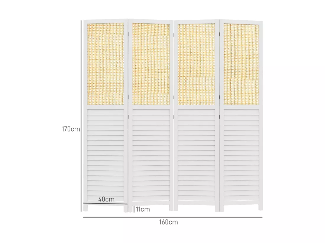 Paravent séparateur de pièce 4 panneaux pliables dim. 160L x 170H cm - bois blanc aspect rotin
