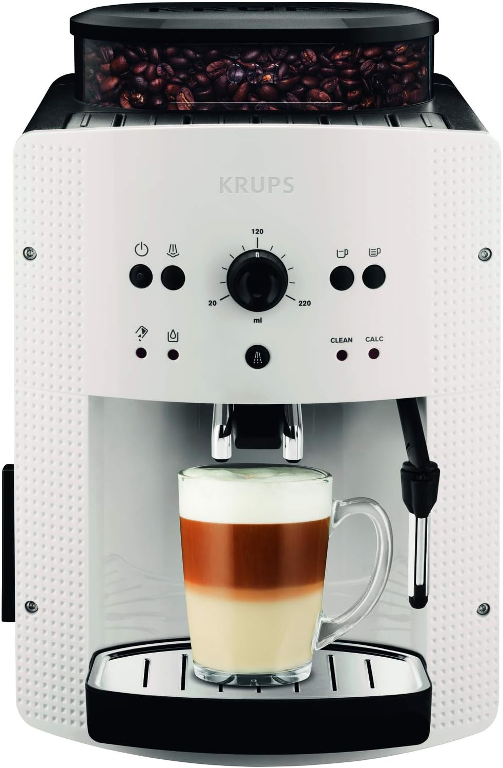 Krups Machine à café broyeur grain, 2 expresso simultanés, Nettoyage automatique, Buse vapeur Cappuccino, Essential blanche EA810570