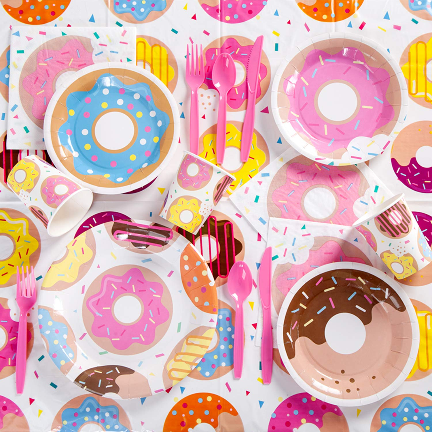 (112-tlg. Set) Einweg Geschirr Party Tisch Deko inkl. Teller / Servietten / Besteck / Papp Becher - Donut