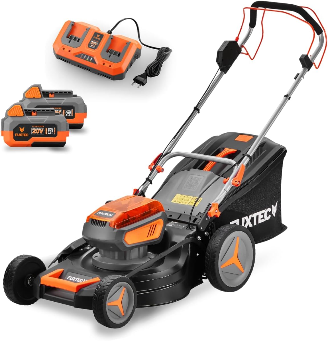 FUXTEC 4in1 Akku Rasenmäher 40V (2x20V) FX-E2RM46 inkl. 2x20V Li-Ion Batterie 4Ah & Doppelladegerät – Schnittbreite 46cm, Schnitthöhe 25-75mm & 50L Grasfangkorb – mit Mulch-Funktion und Seitenauswurf