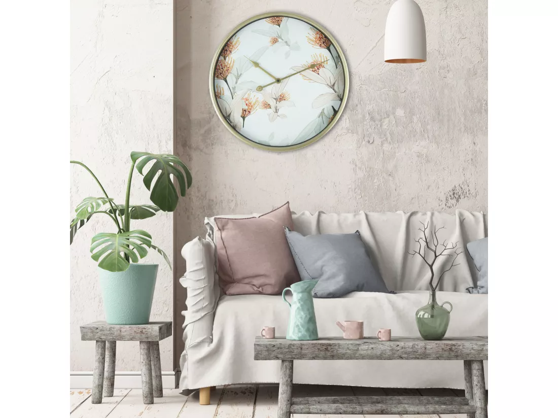 Horloge Murale De Cuisine Salon En Mdf Métal Verre Blanc Doré 40 Cm