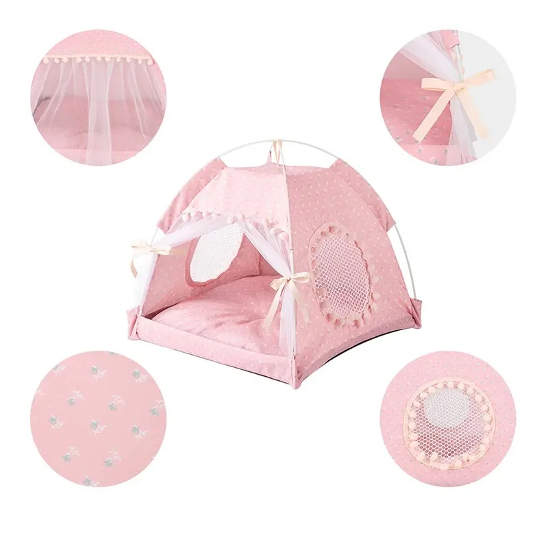 (40x40cm) Haustier Zelt Katzen Bett Indoor Hunde Höhle mit Kissen   Fenster - Rosa