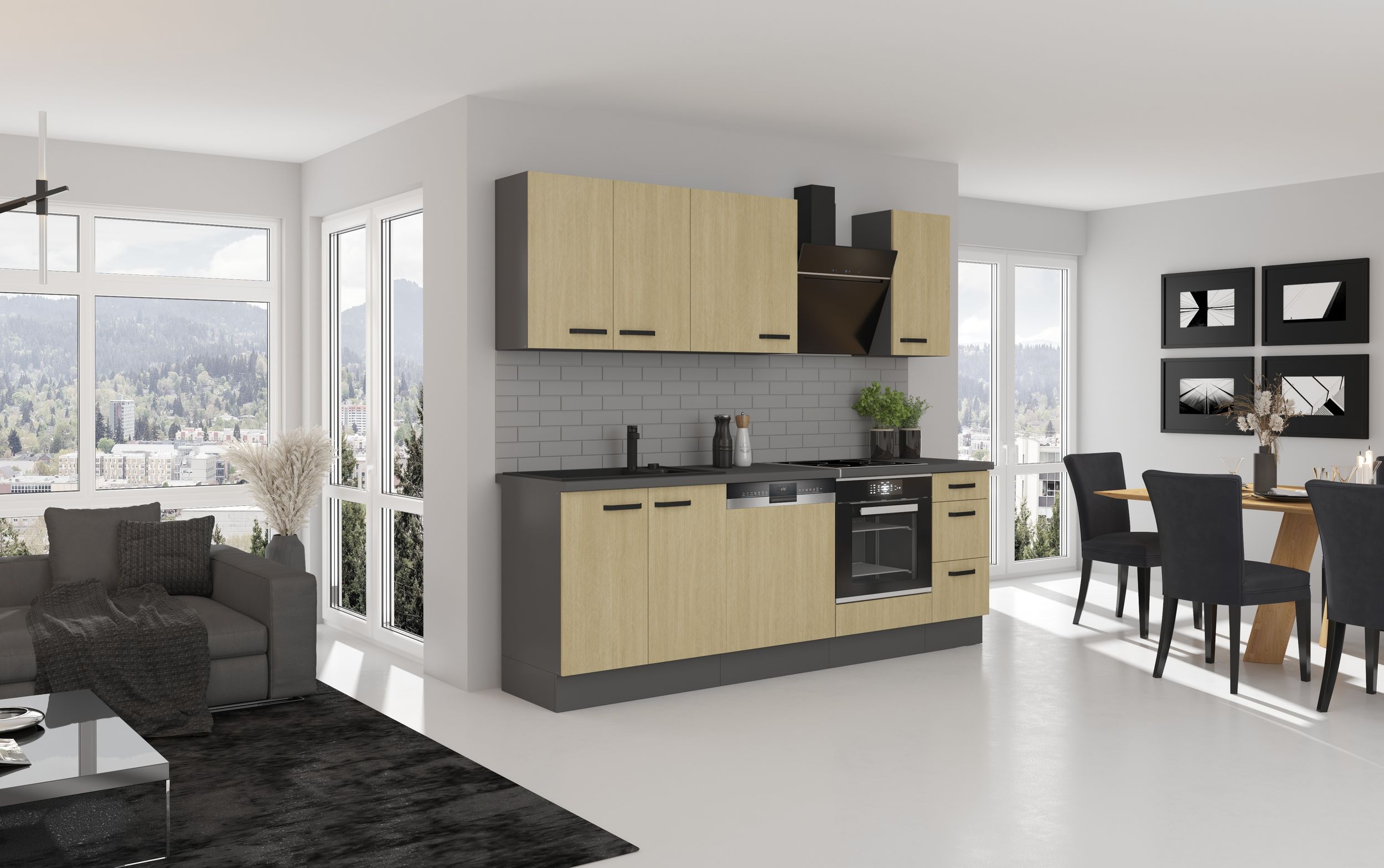 Küche SCANDI Basic 240 cm Fischgrät Optik Küchenzeile Küchenblock Einbauküche
