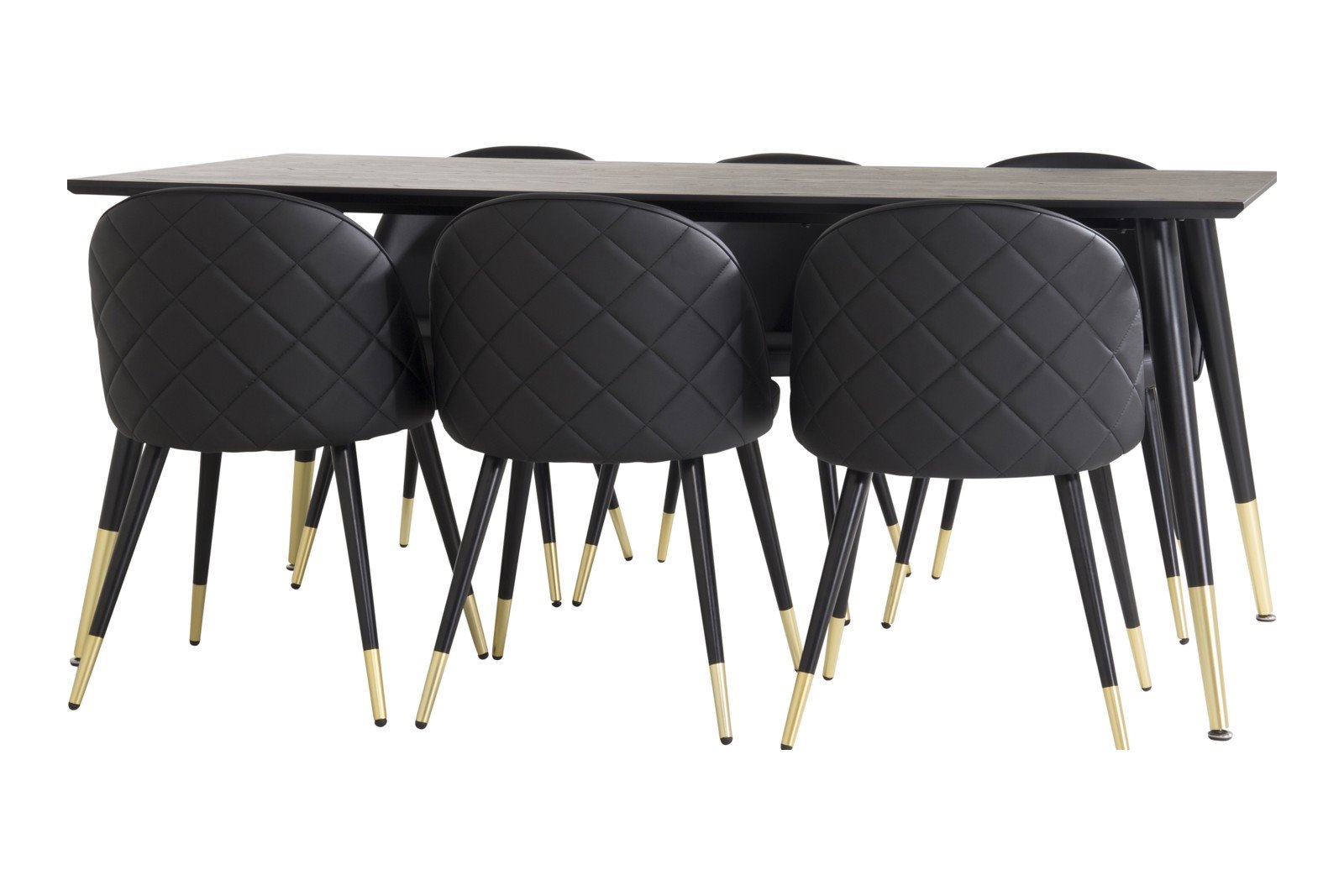 Dipp og Velvet Spisegruppe Dipp spisebord i sort finér med 6 stk. Velvet spisestoler i Sort og messing ben.