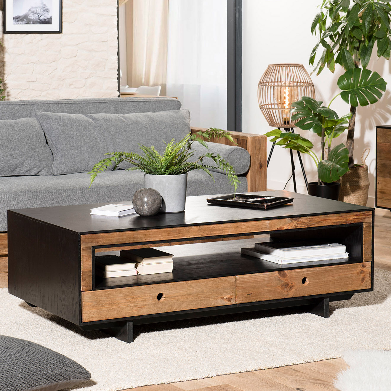 Macabane Table basse 4 tiroirs Andrea Bois naturel  - 135x70x45cm