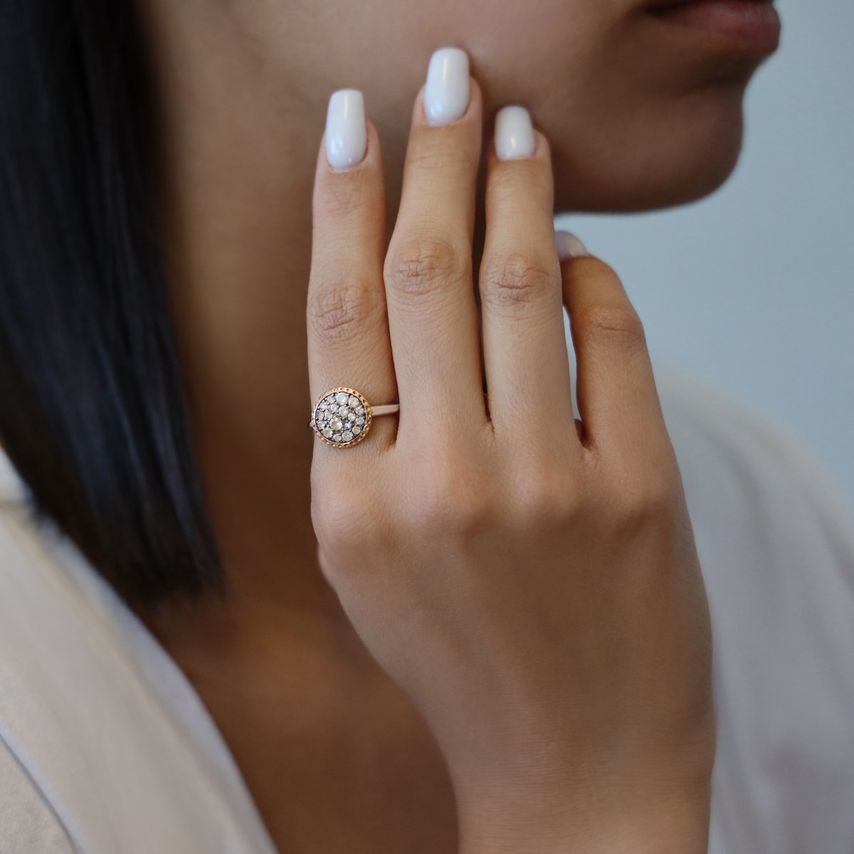 Bague Doré Disque Sertie Pierre Champagne