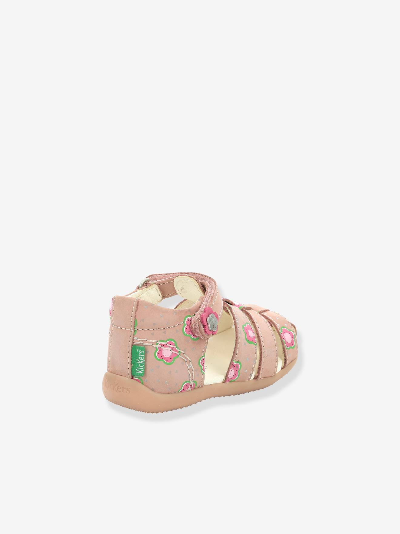 Sandálias de couro infantil KICKERS® Bigflo-2 Iconique Biboo, estampa rosa claro