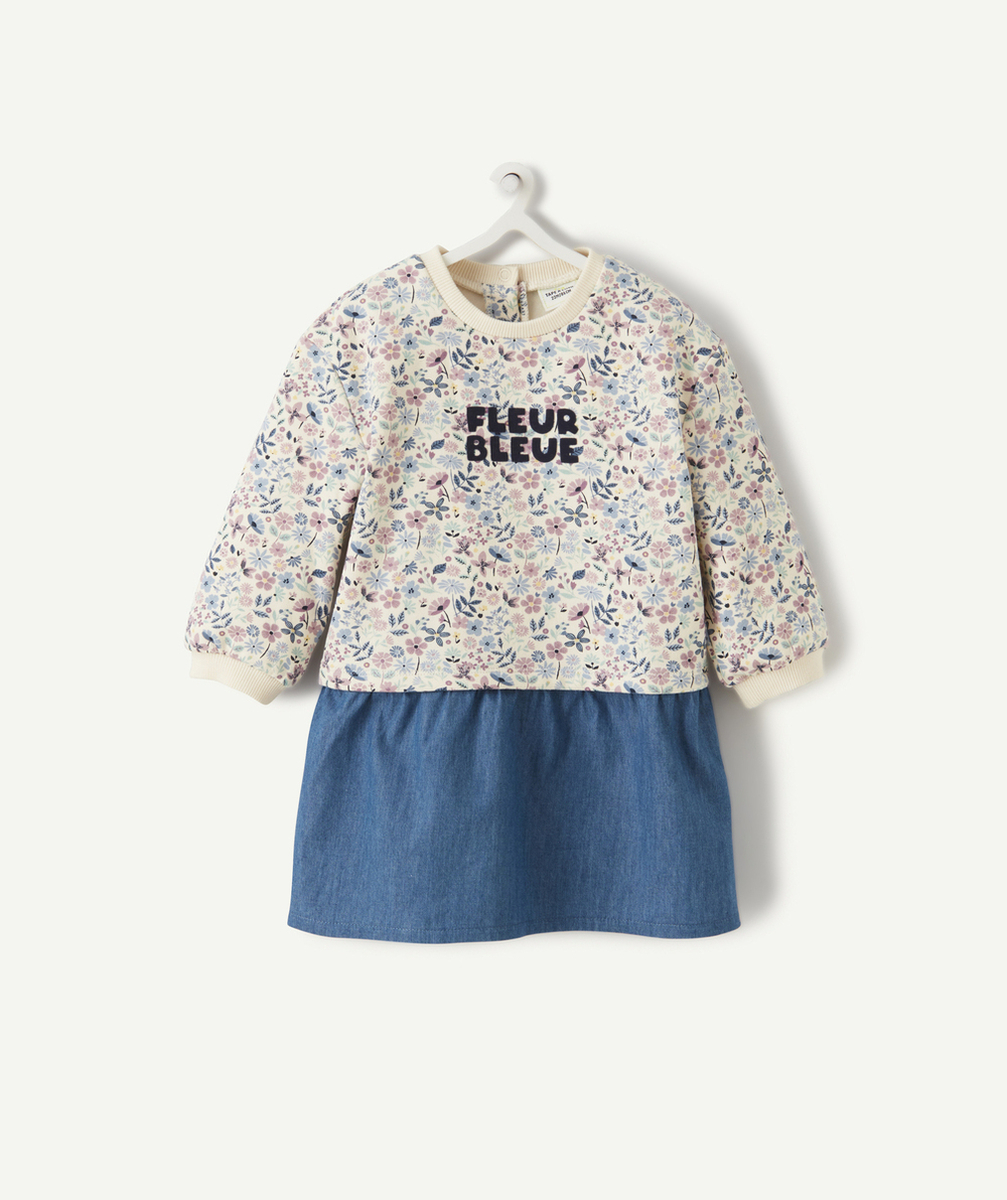 ROBE BÉBÉ FILLE EN BI-MATIÈRE DENIM ET IMPRIMÉE FLEURI