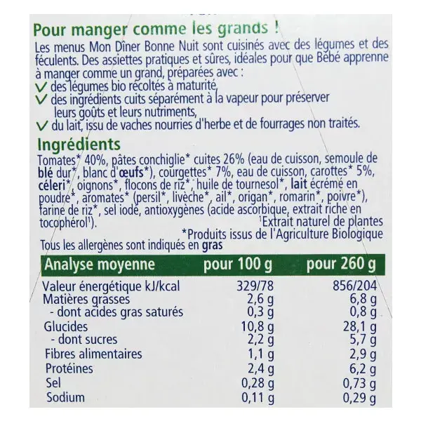 Prato de Conchiglie Orgânico Hipp My Goodnight Dinner com Legumes Pequenos +18m 260g