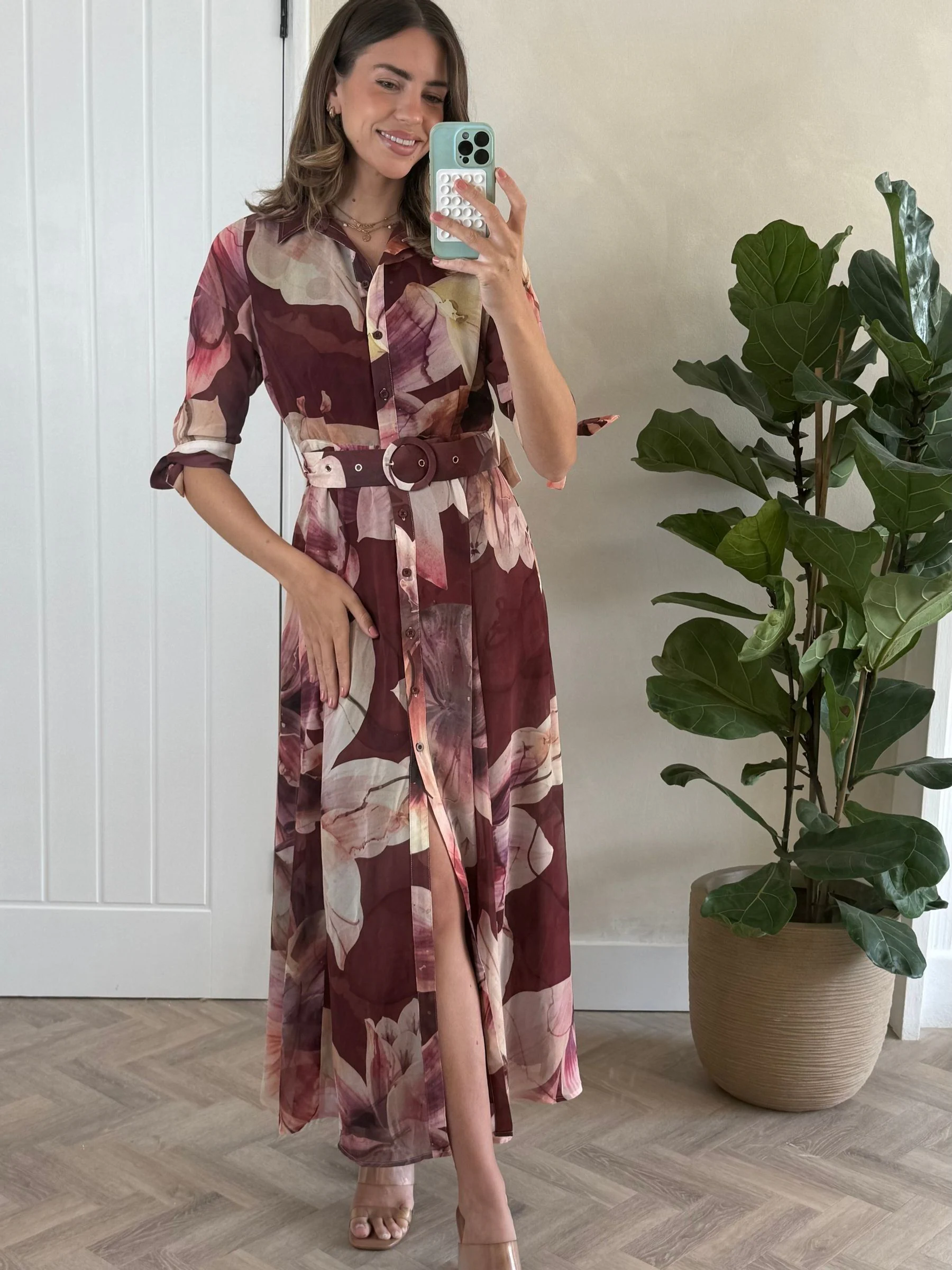 Bruine bloemenprint - Style Cheat - Daphne overhemdjurk met riem
