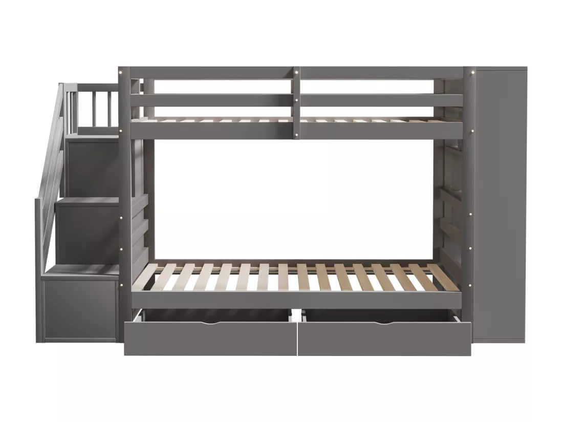 Lit superposé 90x200cm - lit enfant avec 2x sommier à lattes, escalier avec rangement, 2 tiroirs et grands casiers - lit en pin Gris