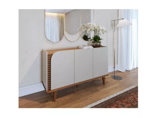 Buffet Bas 3 Portes 5 Niches Blanc et Chêne 5 Pieds Bois L 136 H 79.2 P 39.3 cm