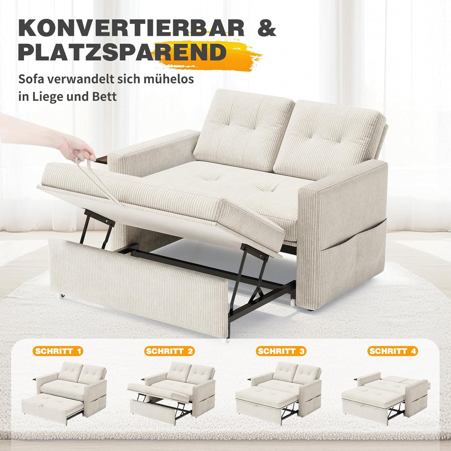 YOUDENOVA Sofa mit Schlaffunktion, Schlafsofa mit 5-stufig Verstellbarer Rückenlehne, Schlafcouch mit Bettfunktion, Couch mit Tisch & Seitentasche, 2 Sitzer Sofa Bed 177x135 cm, Cord Beige