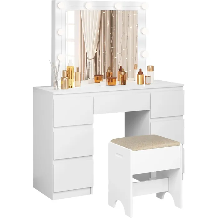 Coiffeuse Avec Miroir LEDtabouret,luminosité Réglable,table De Maquillage,110x39,5x140,5cm,blanc Coiffeuse