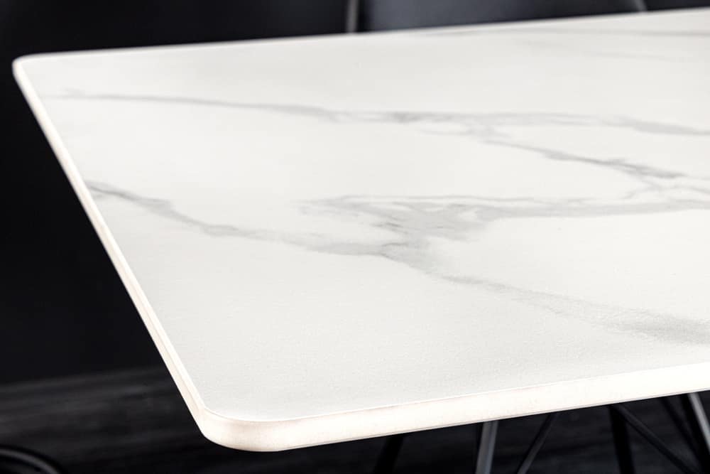 Moderner Esstisch GALAXIE 160cm weiß Keramik Marmor-Design glänzend Metallgestell schwarz