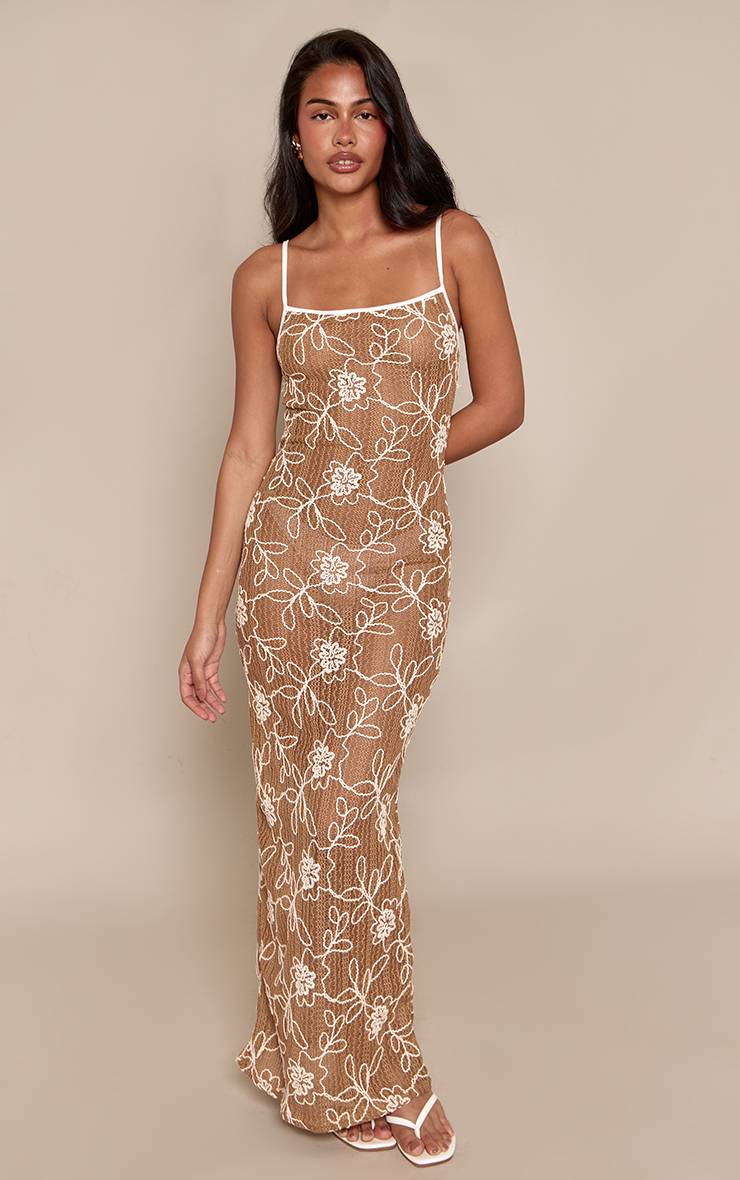 Marron Robe Longue Moulante À Bretelles Et Texture Florale