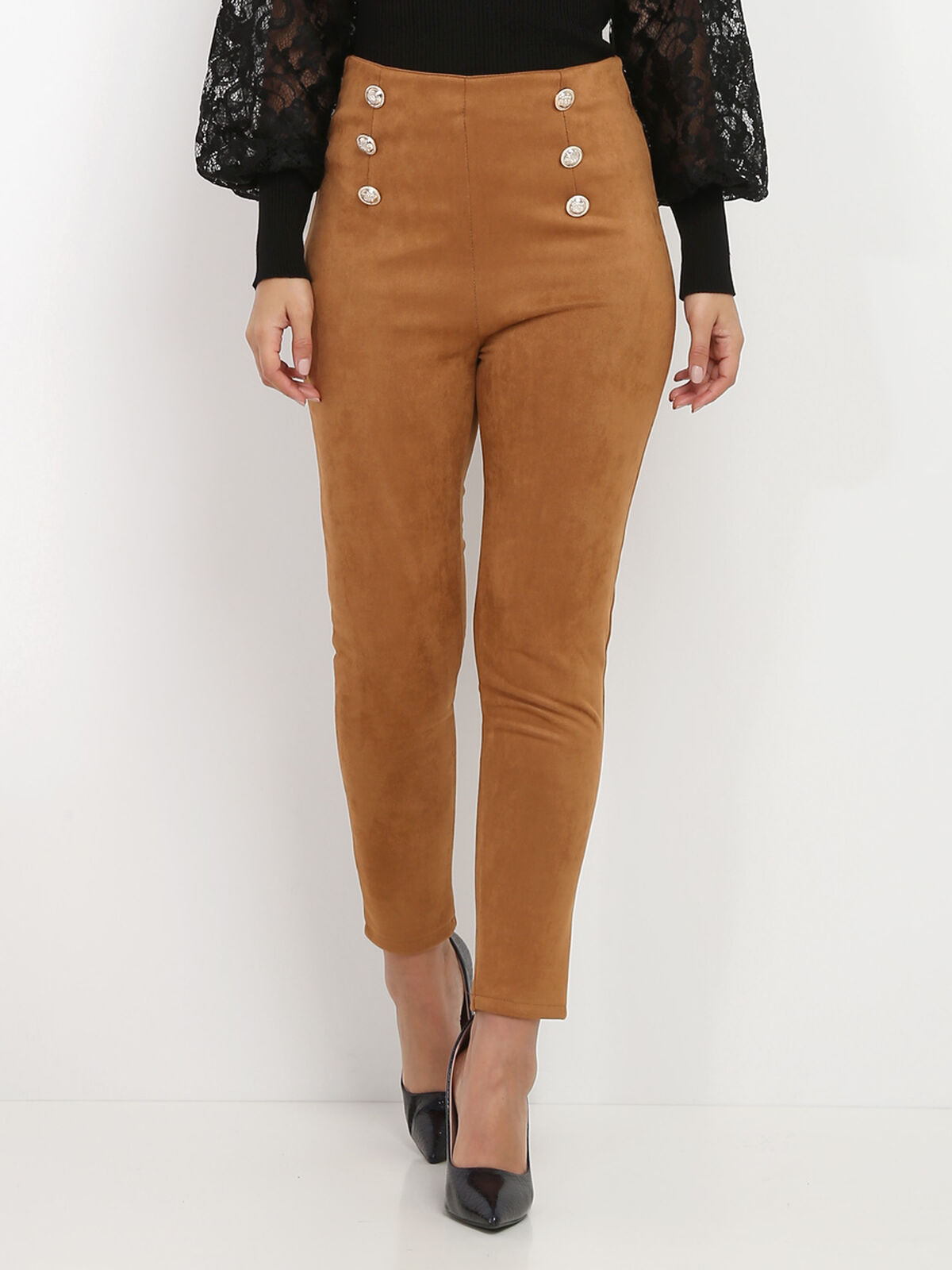Pantalon en suédine à boutons- Camel foncé