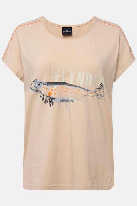 T-Shirt, Fisch-Print, Rundhals, Schulter-Zierband, OEKO-TEX