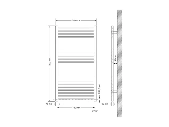 Radiateur avec Élément Chauffant Électrique 900W, 750 x 1200 mm, Blanc, Connexion Latéral