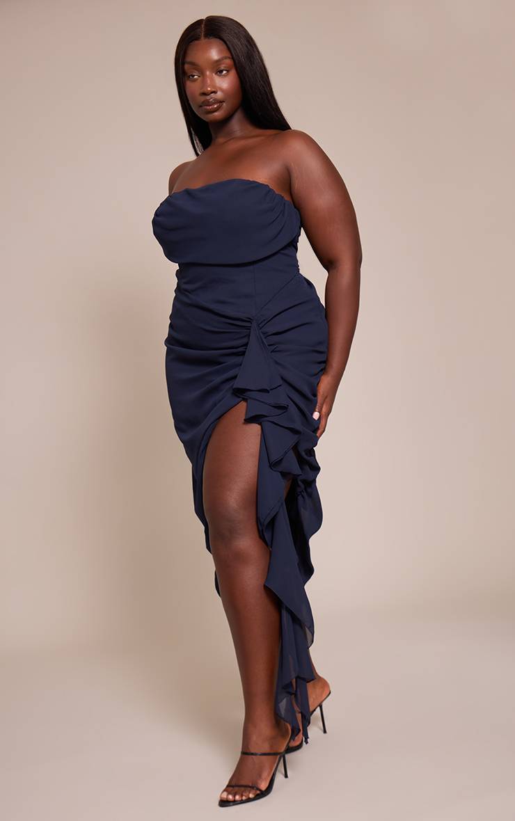 Bleu Marine Robe Midi Bandeau En Mousseline Avec Détails Froncés Grande Taille