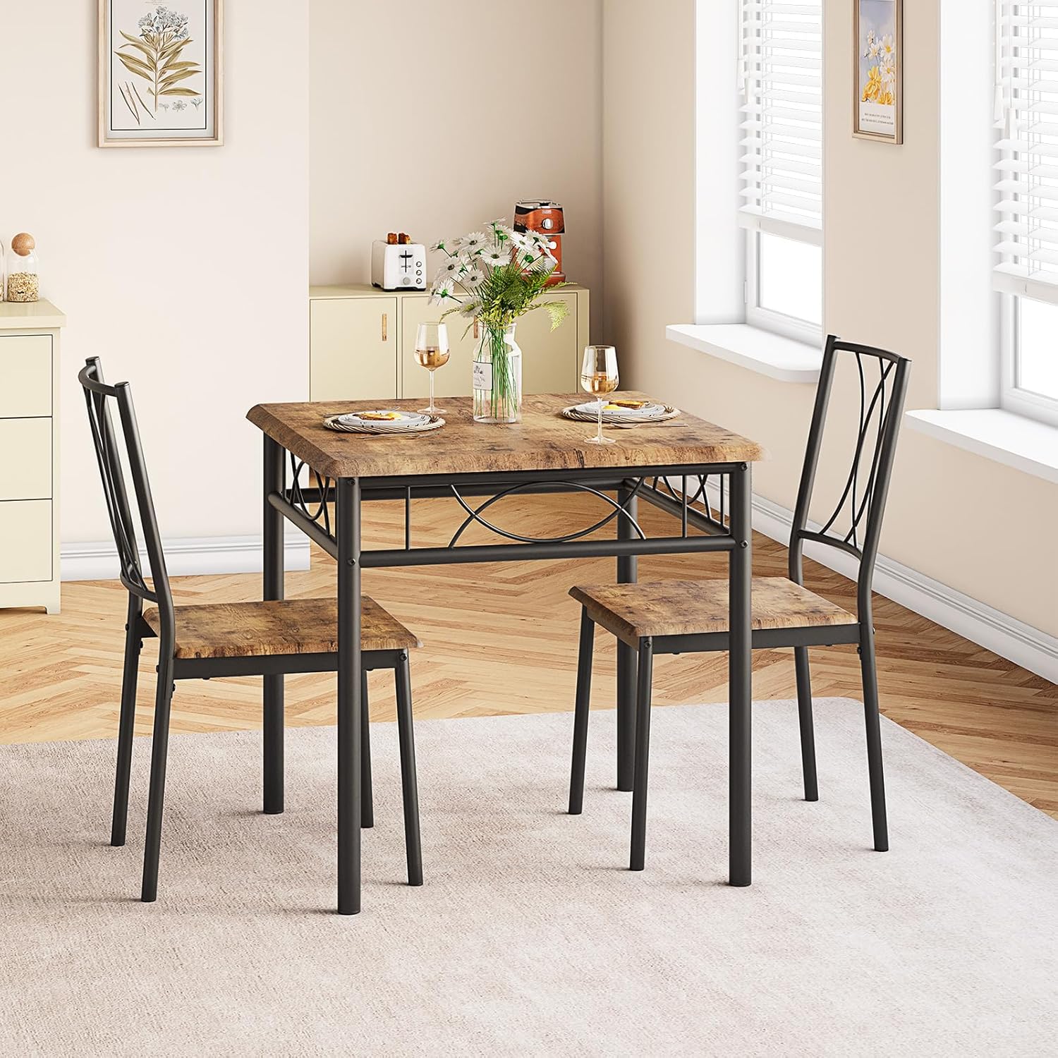 Garvee 1-Tisch-2-Stühle Esszimmer-Set, Retro-Stil Essgruppe mit MDF-Oberfläche & Eisenrahmen (100,5×76×16,2 cm)