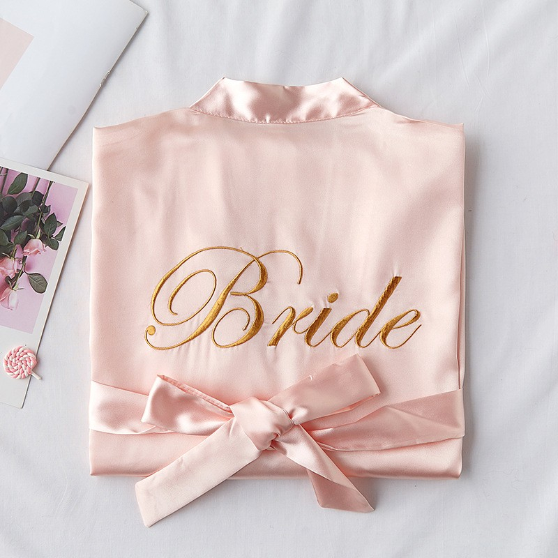 (155-165cm) Satin Morgenmantel Party Accessoire Bride Seiden Robe Junggesellinnenabschied - Rosa / Gold