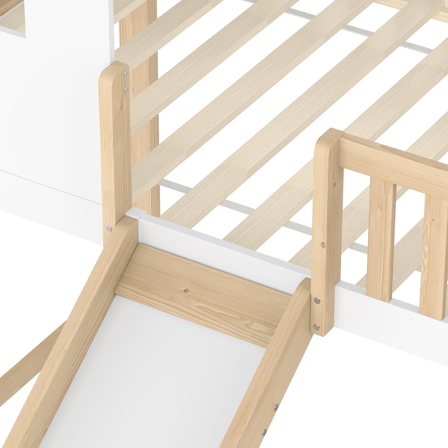 Merax Kinderbett 90x200 Hausbett Hochbett mit Rutsche, Dach&Fenster&Bettgitter, Treppe mit 2 Ablagefächern, Bett mit Lattenrost & Rausfallschutz, Ohne Matratze, Weiß+Natur
