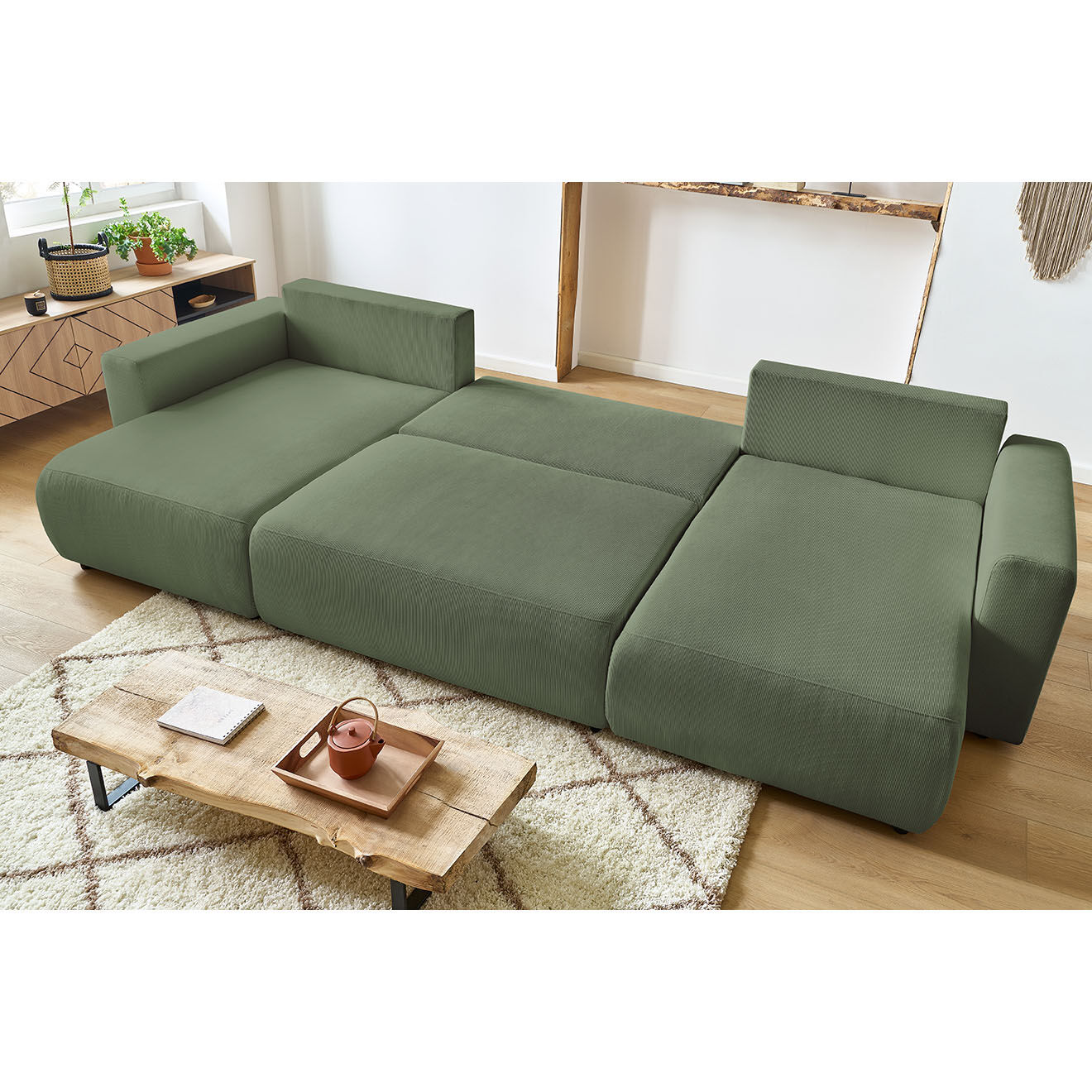 Bobochic Canapé d'angle panoramique convertible coffre Envy vert - 153/97/153x386x95 cm
