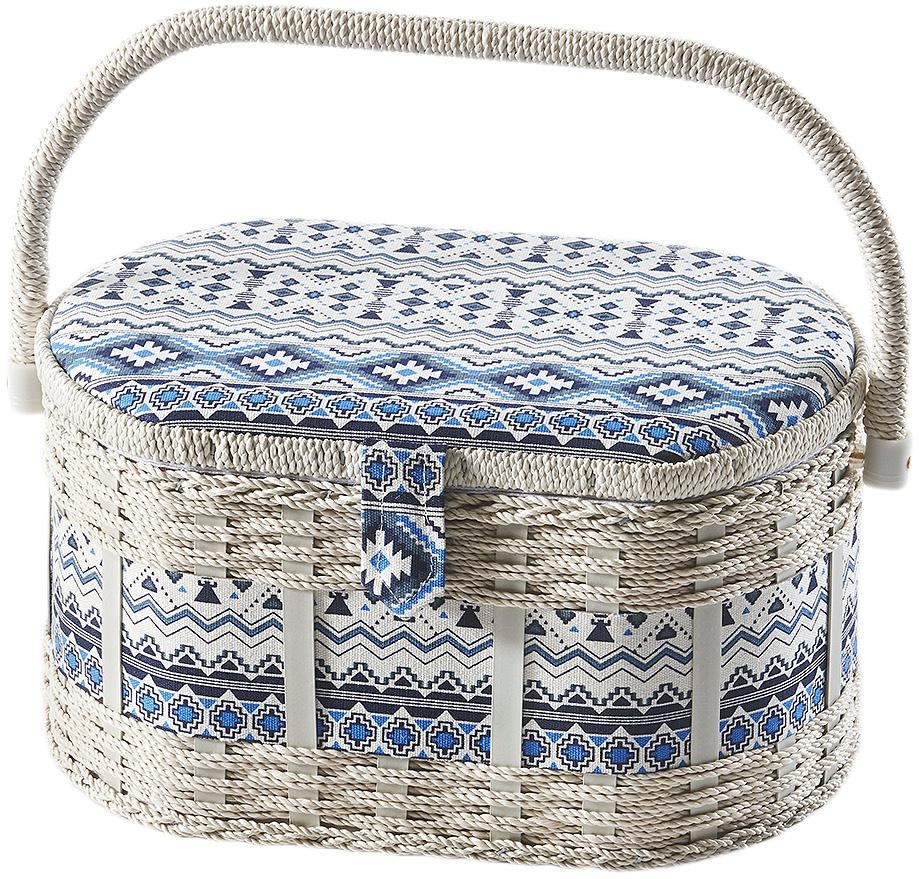 locker Nähkästchen oval, aus Kunststoff und Textil mit blau weissem Muster