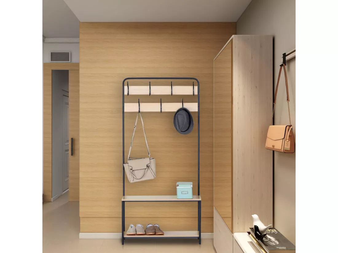 Cintre Meuble à Chaussures MDF Métal avec 2 Etagères 7 Crochets pour Entrées