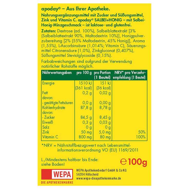 Apoday heißer Salbei + Honig + Vitamin C + Zink Pulver, 10X10 g