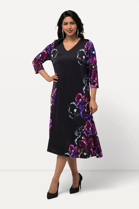 Slinkykleid, Blüten, A-Linie, V-Ausschnitt, 3/4-Arm