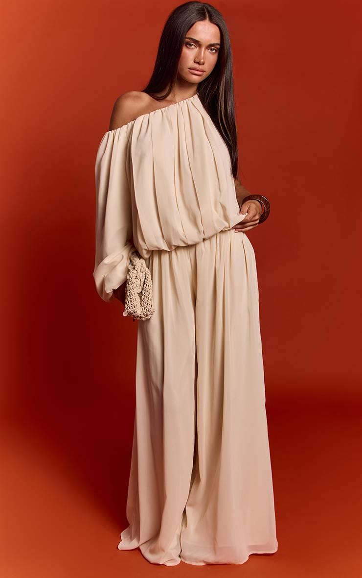 Crème Ensemble Coordonné Blouse En Mousseline À Manche Unique Froncée