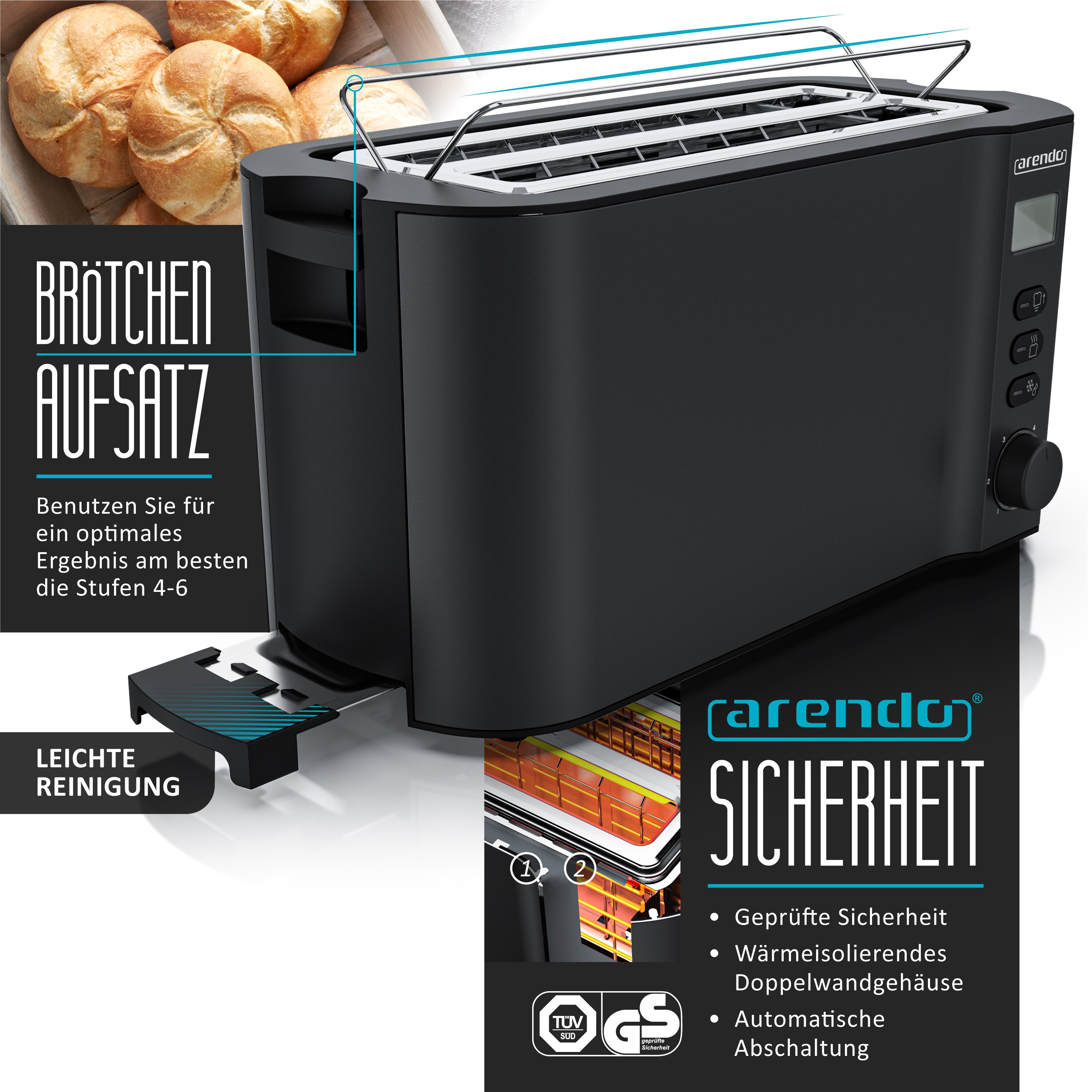 Arendo Frühstücks-Set Wasserkocher 1,5l, 4-Scheiben Toaster, 6er Eierkocher, Schwarz