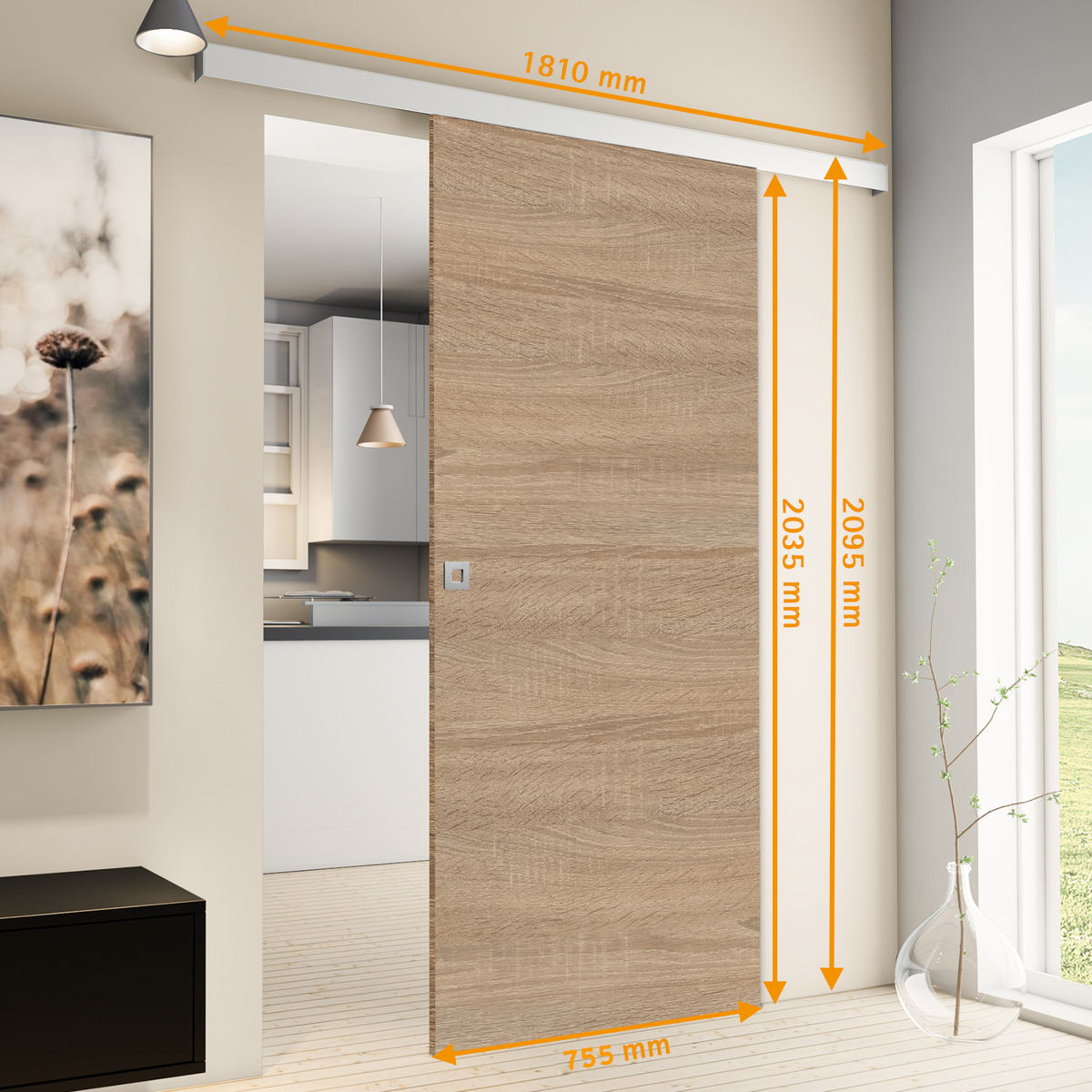 Schuifdeur, hout, wilde eik, 755x2035, binnendeur, houten deur, schuifdeursysteem - vierkante greep