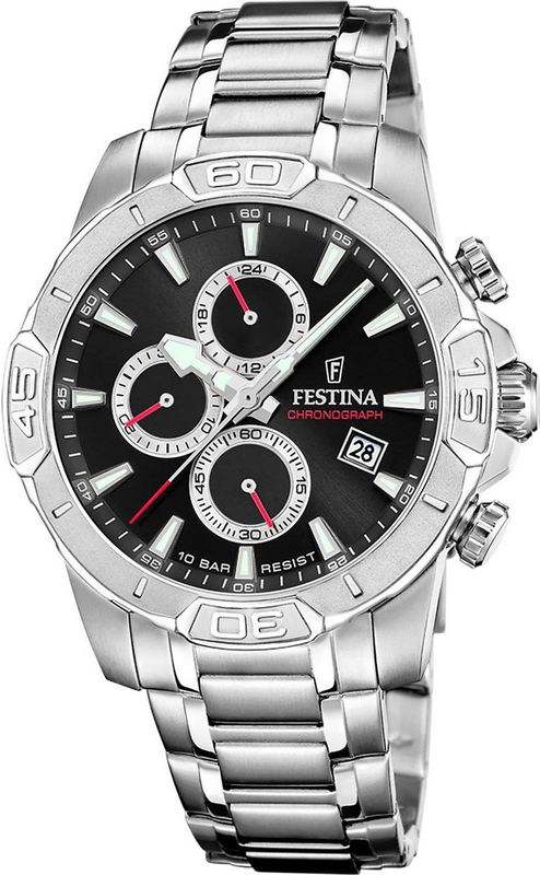 Festina - F20704/6 - Heren Horloge - Zilverkleurig - Chronograaf - Roestvrijstaal/Leer - 10 ATM