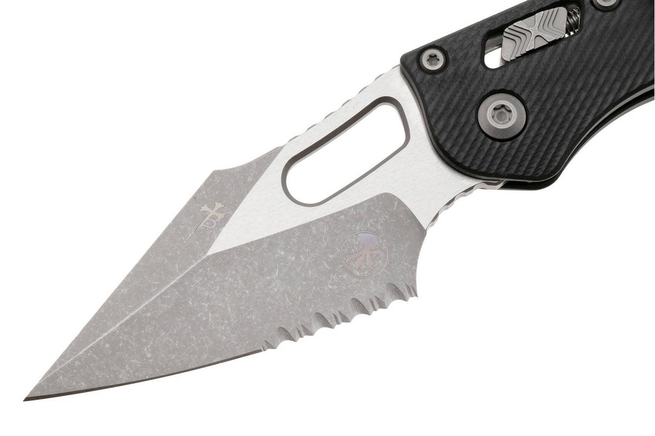 Microtech Stitch 169RL-11APFLGTBK, Apocalyptic Stonewashed M390MK, Fluted Black G10, partial serrated zakmes, Borka Blades design
