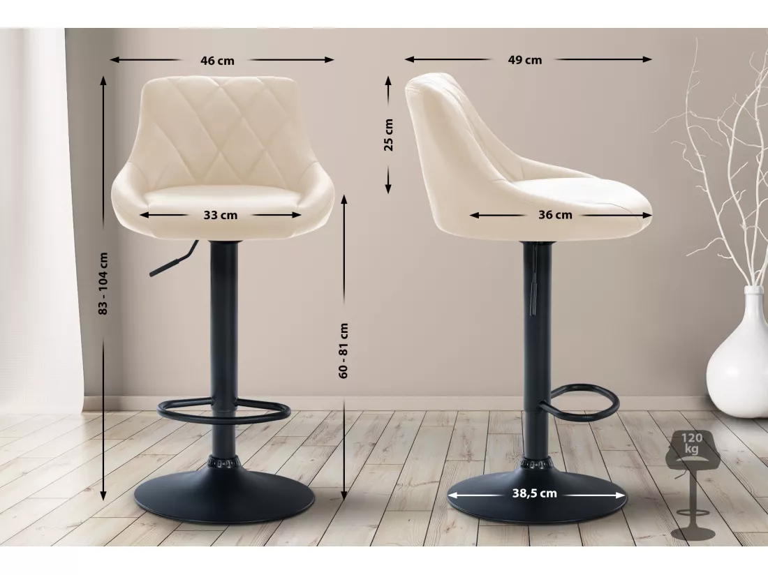 Tabouret de bar - Similicuir & Noir - Crème - Lazio